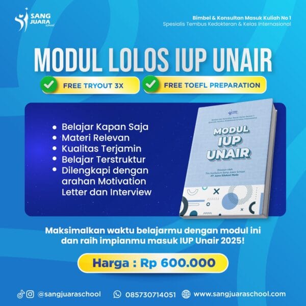 MODUL LOLOS IUP UNAIR + FREE TRYOUT 3 kali + FREE TOEFL PREPARATION